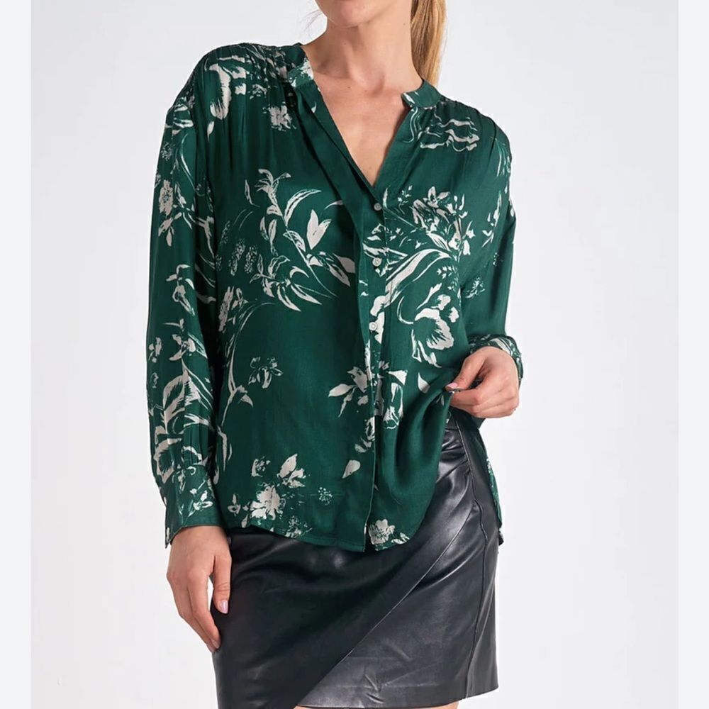 Elan Green Floral Print Button Down Shirt(Size Medium)